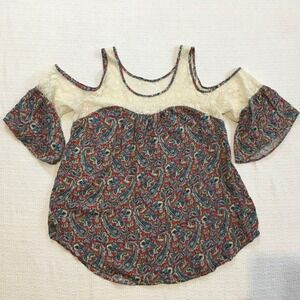 UMGEE USA Womens Cold Shoulder Paisley Lace Trim Peasant Bohemian Top Size L